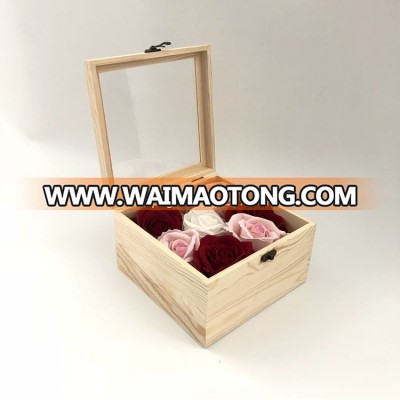 Custom Logo Rose Flower Preserved Wooden Box With Window