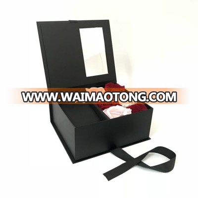 Custom Logo Black Luxury Packaging PVC Gift cardrboard Paper Wig Flower Box With Window And Ribbon